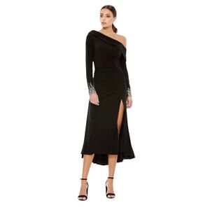 IEENA FOR MAC DUGGAL Black Foldover Long Sleeve Jeweled Midi Dress